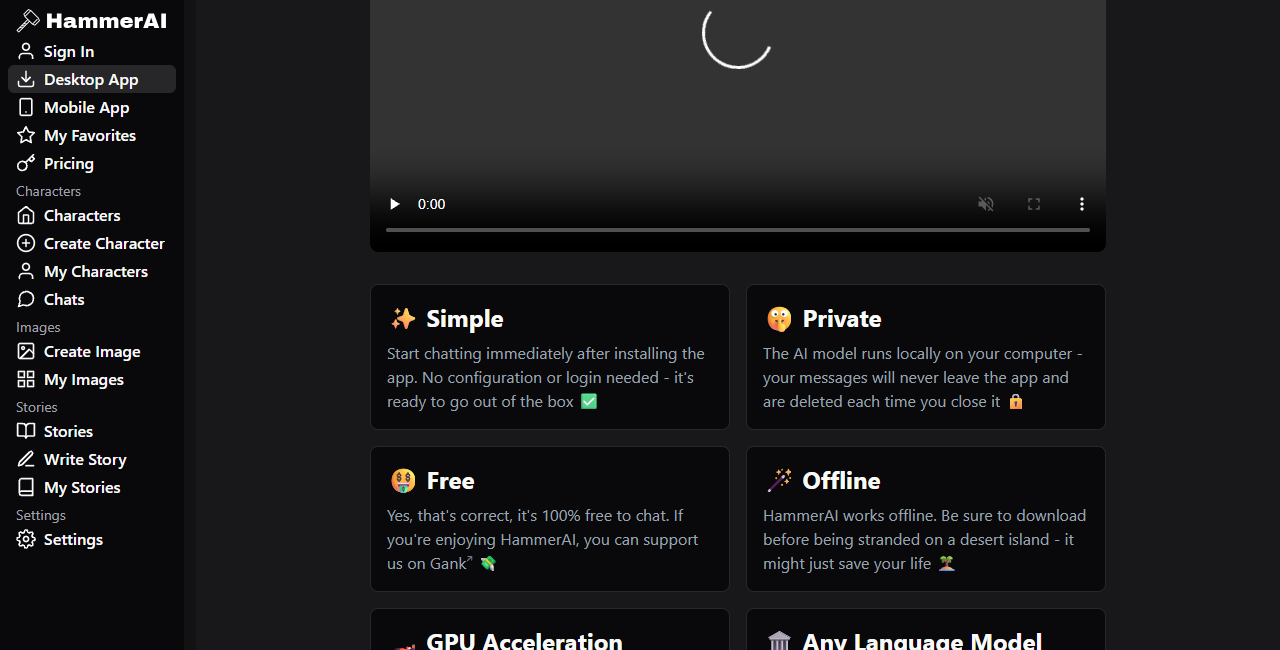 Hammer AI desktop feature cards labeled Simple Private Free Offline GPU Acceleration and Any Language Model